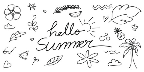 hello summer hand drawn doodle lettering on white vector, hello summer typography with doodle elements on white, summer greeting hand drawn lettering and doodles © shammi