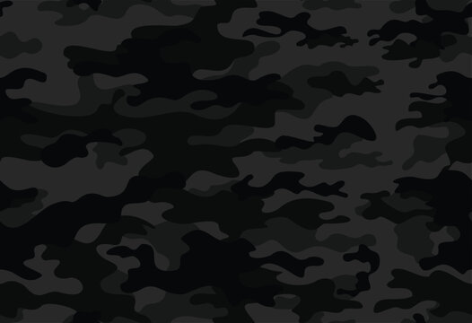 
Camouflage pattern on black background, dark seamless print, disguise