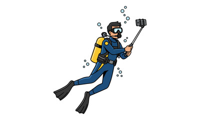 Cartoon Scuba Diver Taking Underwater Selfie with Smartphone