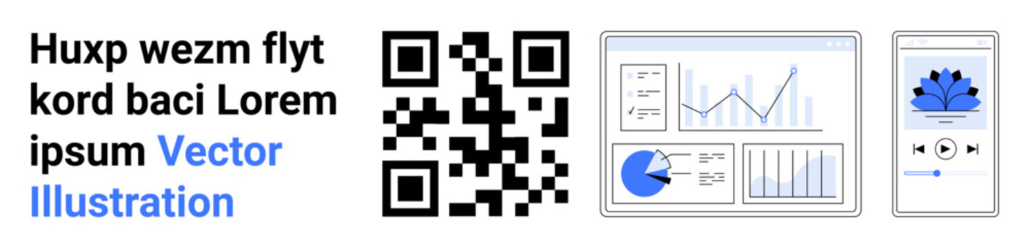 QR code beside analytics dashboard and mobile app interface with charts and media. Ideal for marketing, technology, business data, app design, analytics, user interface, simple landing page