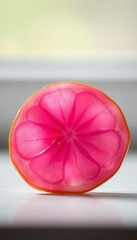 An isolated, jewel-toned pickled radish slice, revealing translucent cellular structure,  close-up,  food photography