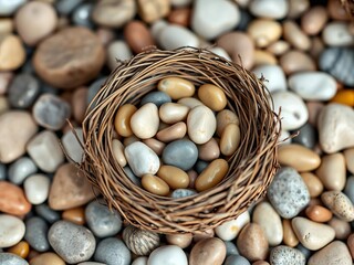 A delicate, handcrafted bird's nest filled with smooth, colorful pebbles, symbolizing creation and natural beauty,  natural,  texture