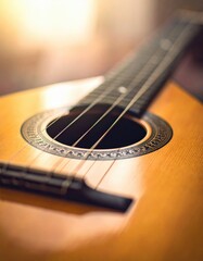 Fototapeta premium Close up of a wooden acoustic guitar showing strings and soundhole with warm soft lighting and blurred background perfect for music themes