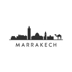 Obraz premium Silhouette of marrakech cityscape featuring iconic buildings camels and the city s name in bold text