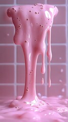 Thick pink viscous goo with small reflective bubbles forms a playful sticky cascade against a soft tiled wall