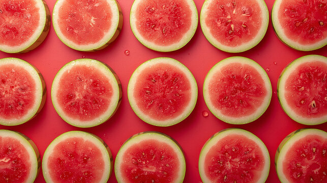A top view of bright, fresh, ripe watermelon slices neatly arranged in rows against a bright red background. A pattern of healthy, fresh watermelon slices 