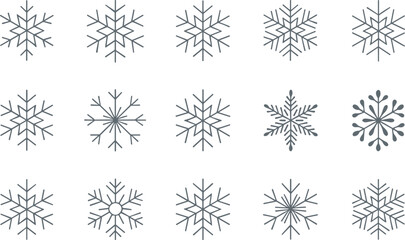 Snowflake icon set, winter crystal symbols collection with geometric frost shapes minimal outline design seasonal decorative vector pack