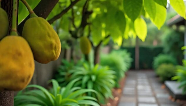 A backyard jackfruit tree with ripe fruits hanging low near a stone path 