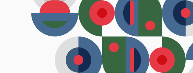 Obraz premium Abstract geometric pattern. Circles, semicircles, dots create colorful composition. Red, blue, green hues dominate design. Minimalist style.