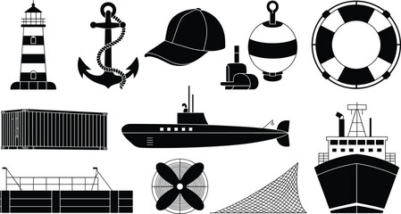 Nautical maritime silhouette vector icon set, lighthouse anchor buoy submarine ship and cargo container, black white marine collection © Sophia Creatives