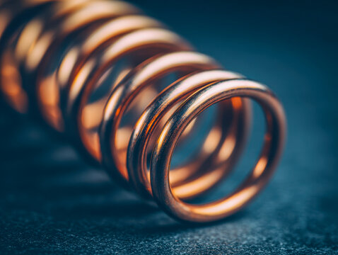 Macro photography of a shiny copper coil spring showcasing intricate metallic texture and warm reflections against a dark blurred background for industrial design co