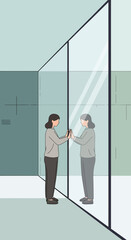 Fototapeta premium Woman Touching Mirror Reflecting Another Woman Facing Her
