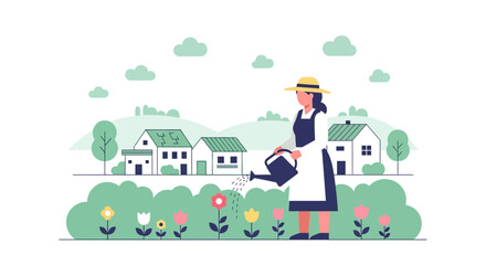 Fototapeta premium Woman Watering Flowers In A Charming Village Scene