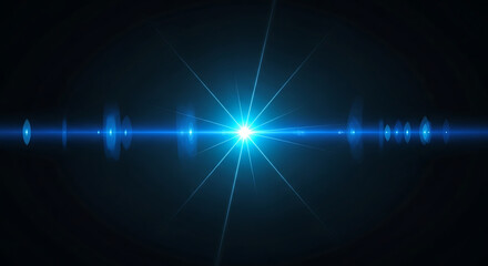 bright blue light with lens flare and starburst effect on a dark backdrop for abstract technology energy and digital concepts.