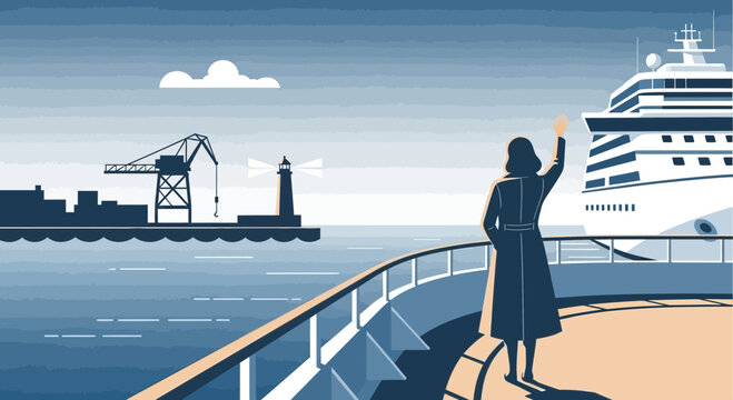 Woman Waves Goodbye From Cruise Ship Deck To Harbor