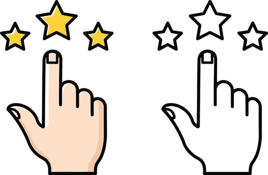 Hand pointing rating stars icon set in colored and outline styles for review, feedback, and user experience design
