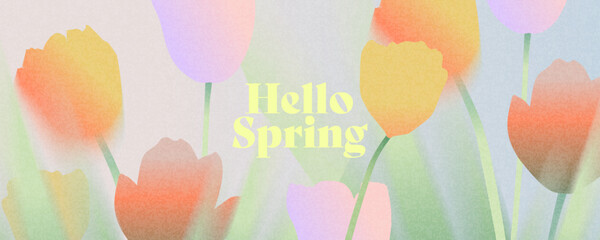 Plakat Spring floral background with tulips flowers with soft, blurred outlines and gradients in pastel shades. The style is dreamy, soft, and artistic.