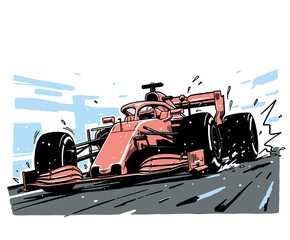 Obraz premium Dynamic red Formula 1 racing car vector illustration, high speed on track with sparks and copy space, ideal for sports banner design.