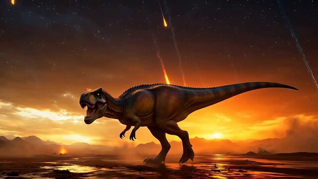 Dinosaur running under meteor shower
