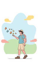 Fototapeta premium Young Explorer Discovering Butterfly Swarm In A Serene Natural Landscape