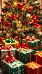 Gift-wrapped boxes with ribbons and bows under a tree,  tree,  surprise