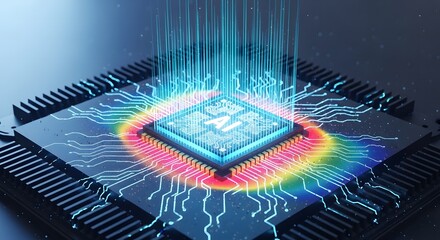 Artificial intelligence microchip glowing on processor futuristic AI computing concept