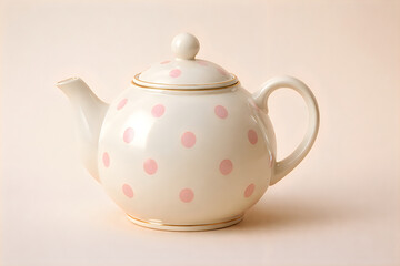 White ceramic teapot with pink polka dots and gold trim on light beige background
