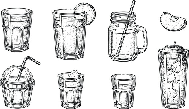 Lemonade and iced drinks collection in vintage detailed black and white engraving style