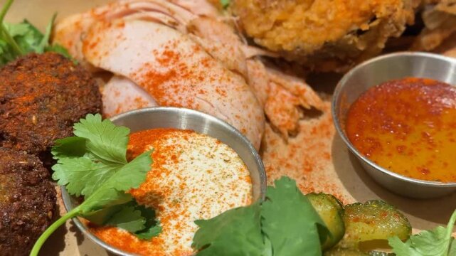 Jewish cuisine platter with falafel, potato, and pickles garnished with fresh cilantro