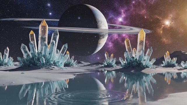 Digital illustration of a planet with rings surrounded by glowing blue crystals on a reflective surface against a vibrant purple and orange nebula background with stars.