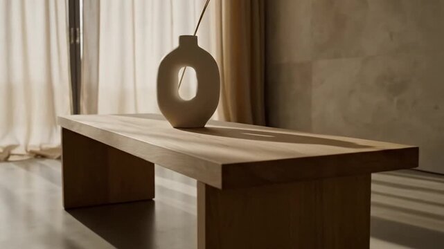 Low-angle shot of a wooden coffee table with a vase on top in a room with beige curtains and a concrete wall with natural light.