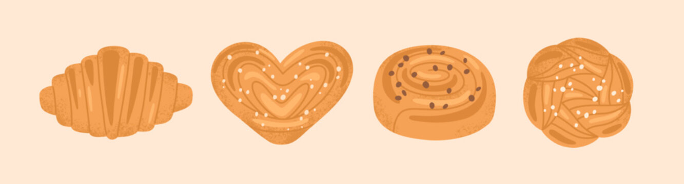 Sweet pastry collection. Hand-drawn croissant, heart-shaped bun, cardamon bun, cinnamon bun icon set in cartoon style. Flat vector illustration for bakery, cafe menu or greeting card on beige backgrou