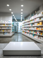 Empty white platform in a brightly lit modern pharmacy store with shelves stocked with various health and wellness products in the background