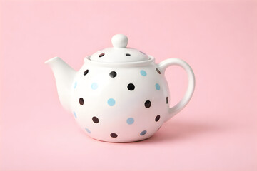 White polka dot teapot blue black dots pink background