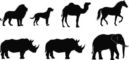 Set of black animal silhouettes including lion, dog, camel, horse, rhinos and elephant isolated on white background for wildlife graphic design (22 words) © Rowshan