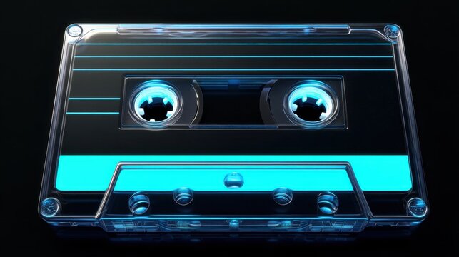 Vintage Cassette Tape with Blue Accents on a Dark Background for Retro Music Nostalgia and Media Art