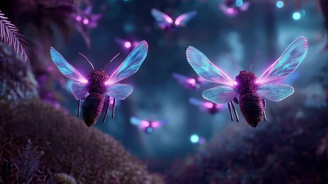 Bioluminescent firefly swarm drifting through neon purple forest with glowing wings and bokeh lights