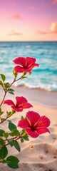 Vibrant hibiscus flowers bloom near a tranquil Hawaiian beach, with soft sand and a gentle ocean breeze,  nature,  peaceful