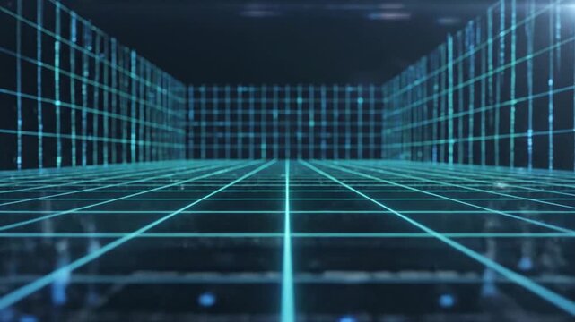 Futuristic grid pattern with neon blue lines and squares on a dark background, creating a sense of depth and perspective.