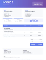 Modern professional invoice template with clean layout, itemized billing, payment terms. Editable SVG for freelancers, small business, contractors. Print-ready business invoice. Tax compliant.