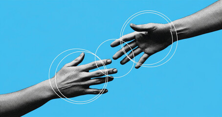 Abstract Human Hands Reaching for Connection Symbolizing Support, Partnership, Communication, and Digital Networking in Modern Technology and Social Interaction Concept