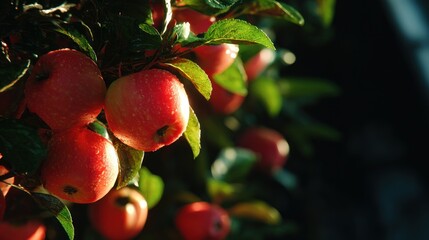 Fresh red apples on tree branch.