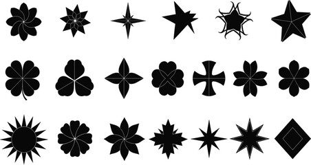 Black Star and Floral Shape Icon Set with Abstract Geometric Flowers, Decorative Burst Elements, and Vintage Ornament Symbols for Graphic Design