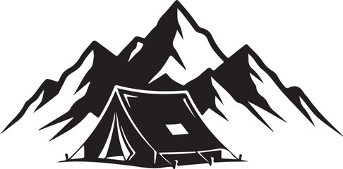 Camping tent in front of majestic mountain range silhouette illustration © Sanzida