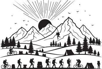 People hiking and cycling in mountains with trees and sun in background illustration