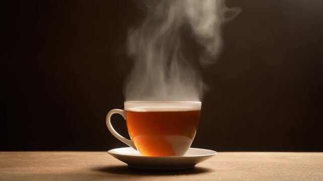 Hot tea steam slowly rising, static camera, minimal background