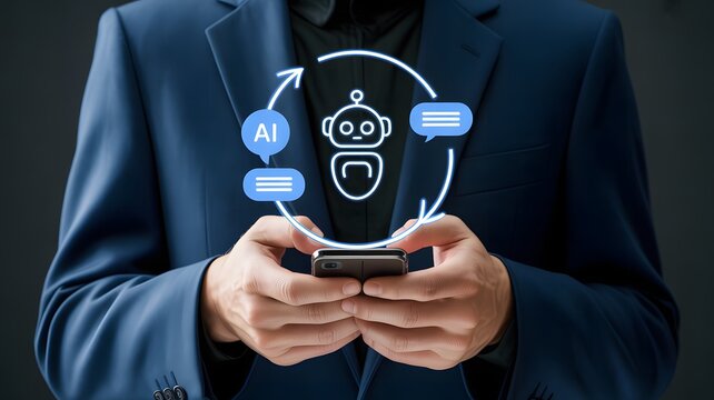 Businessman using smartphone with AI chatbot interface, representing artificial intelligence and customer service technologies.