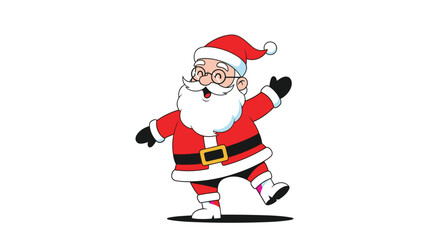 Fototapeta premium Jolly cartoon Santa Claus waving and dancing with a big smile and traditional red suit against a clean white background.