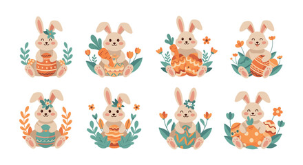 Obraz premium Cute set of eight easter bunnies celebrates the holiday with colorful decorated eggs, fresh carrots, and spring floral arrangements.