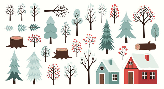 Large collection of winter forest elements includes snow-covered evergreen trees, wooden cabins, tree stumps, and bright red winter berries.